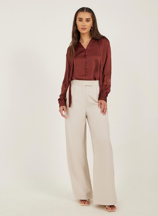 Styli Lace Insert Tie-Up Neck Buttoned Blouse - Image 3