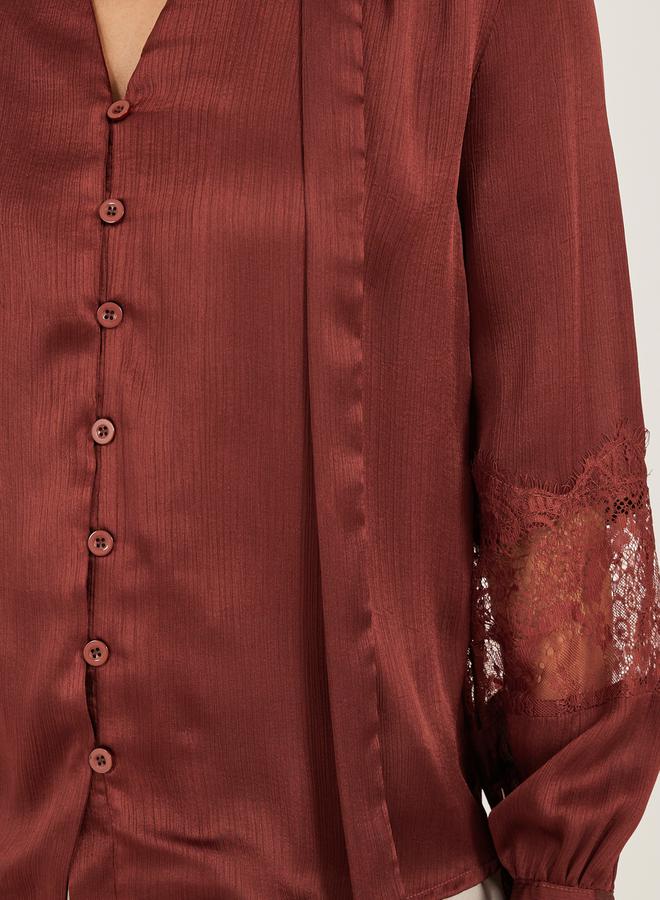 Styli Lace Insert Tie-Up Neck Buttoned Blouse - Image 4
