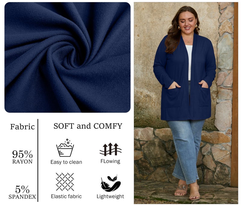 OLRIK Navy Blue Cardigan For Women Plus Size Womens Sweaters Plus Size Long Sleeve Navy Blue-4X - Image 3