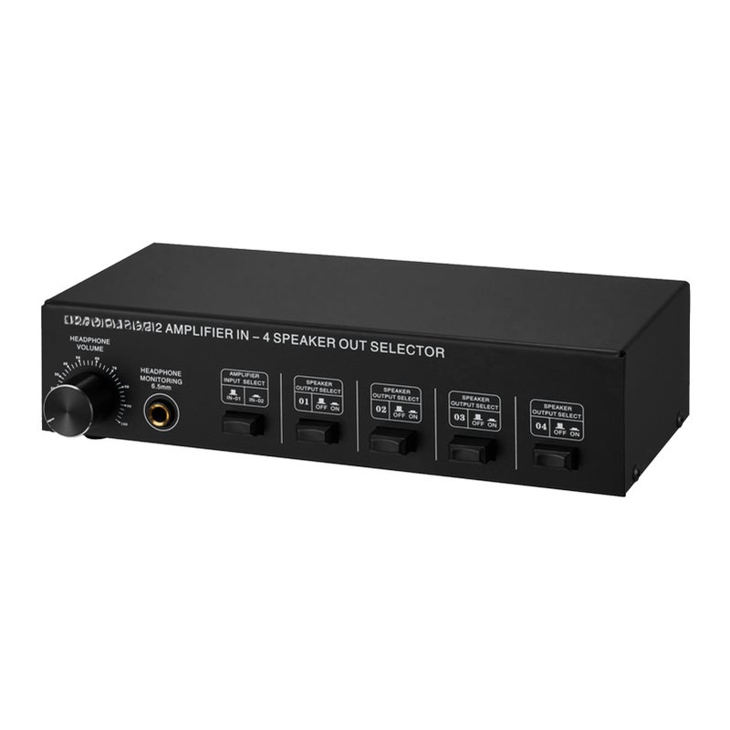 LINEPAUDIO 2 in 4 Out Speaker Selector Switch Box 4 Zone Amplifier and Speaker Selector with Volume Control Banana Jack 6.5mm Earphone Jack - Image 1