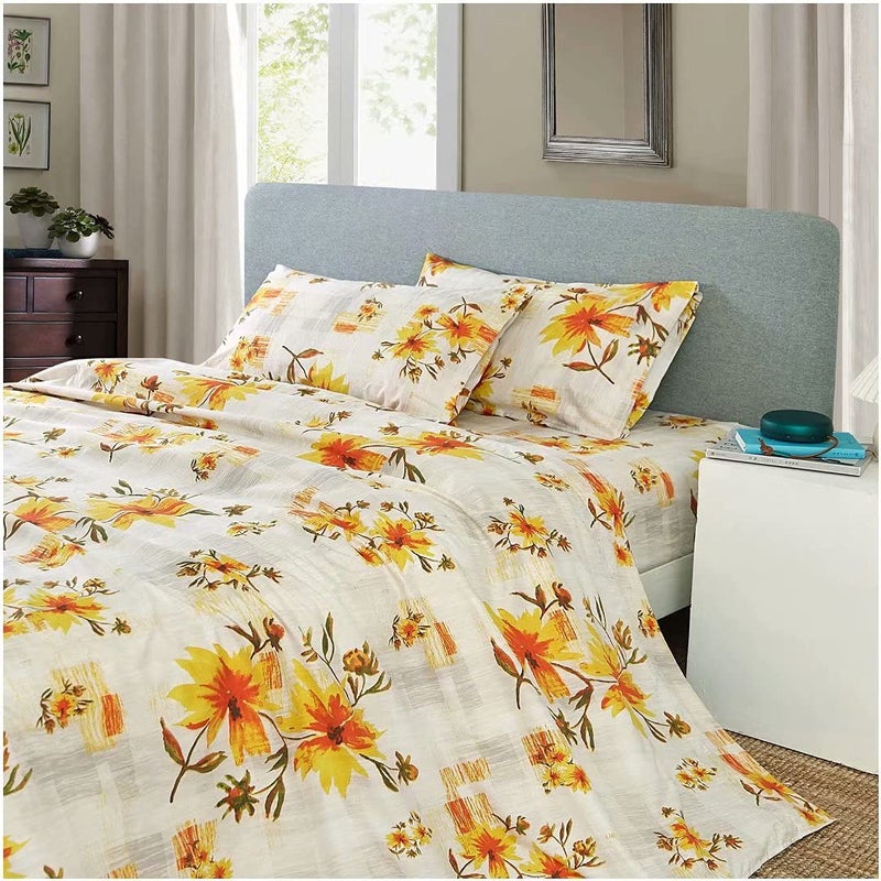 JSD Rustic Yellow Floral Sheet Set Queen Size 4 Piece Printed Microfiber Bedding Sheets Extra Deep Pocket