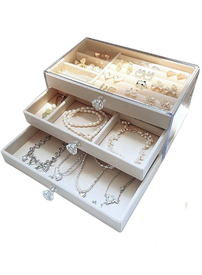 Jewelry Organizer - Transparent 3-Drawer Acrylic Case with Velvet Trays for Women, Modern Design for Storing Earrings, Bracelets, Necklaces, Rings, and Brooches (Beige ) - Image 1