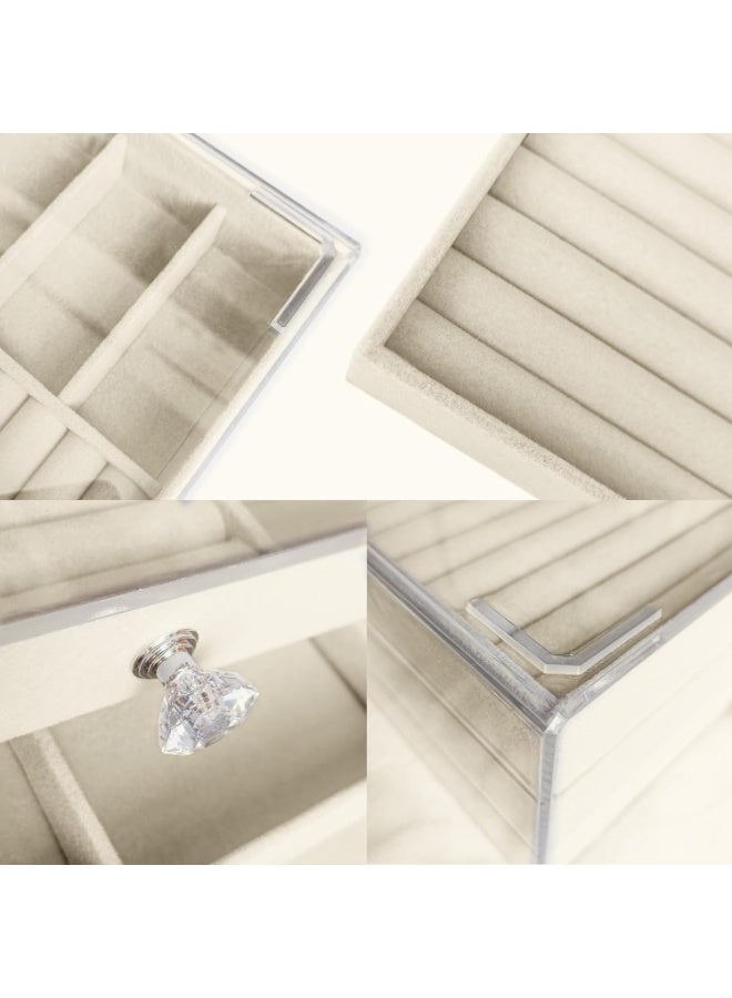 Jewelry Organizer - Transparent 3-Drawer Acrylic Case with Velvet Trays for Women, Modern Design for Storing Earrings, Bracelets, Necklaces, Rings, and Brooches (Beige ) - Image 2