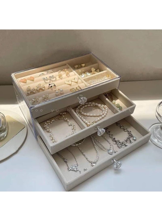 Jewelry Organizer - Transparent 3-Drawer Acrylic Case with Velvet Trays for Women, Modern Design for Storing Earrings, Bracelets, Necklaces, Rings, and Brooches (Beige ) - Image 3