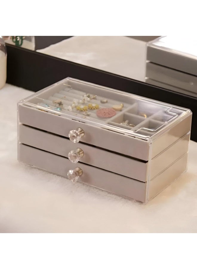 Jewelry Organizer - Transparent 3-Drawer Acrylic Case with Velvet Trays for Women, Modern Design for Storing Earrings, Bracelets, Necklaces, Rings, and Brooches (Beige ) - Image 4