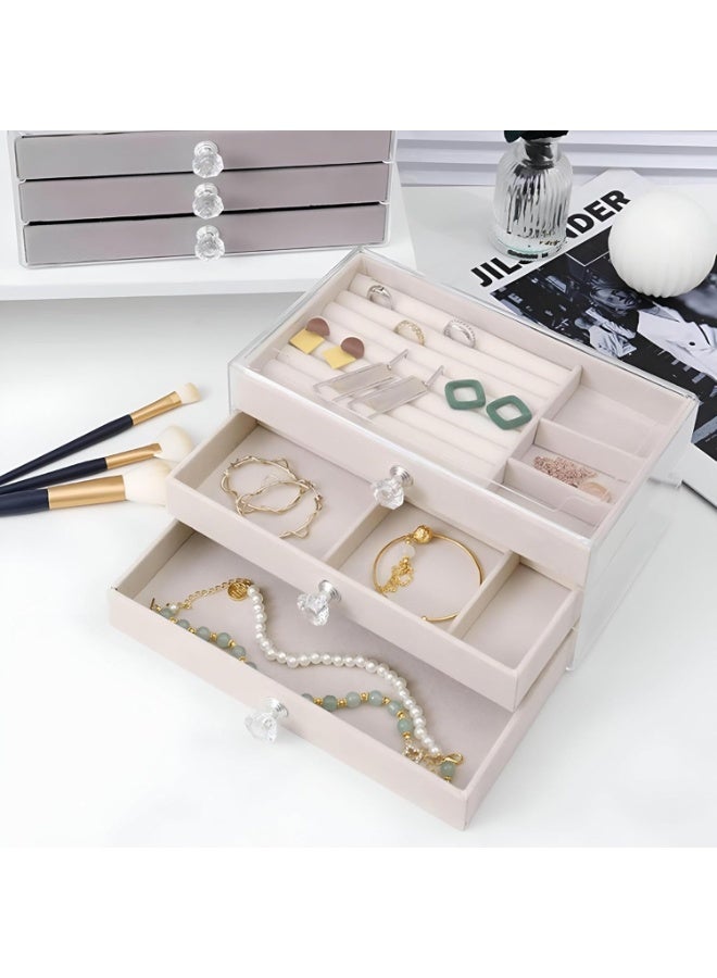 Jewelry Organizer - Transparent 3-Drawer Acrylic Case with Velvet Trays for Women, Modern Design for Storing Earrings, Bracelets, Necklaces, Rings, and Brooches (Beige ) - Image 5