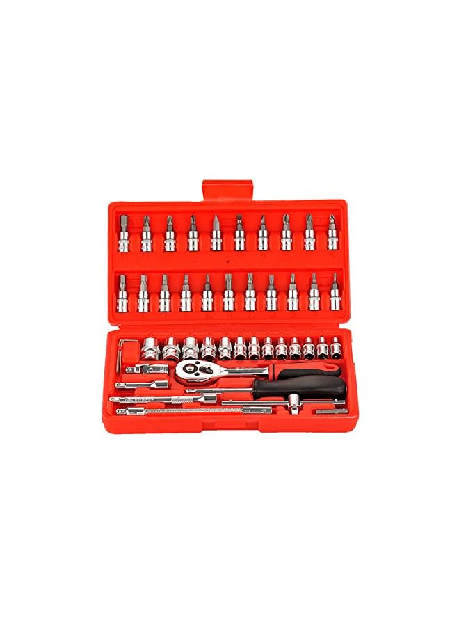 46pcs 1/4-Inch Repair Tool Socket Ratchet Torque Wrench Extension Bar Drill Bits Automobiles Repair Tools Kit Multifunction Repair Hand Tool Kit (Red)