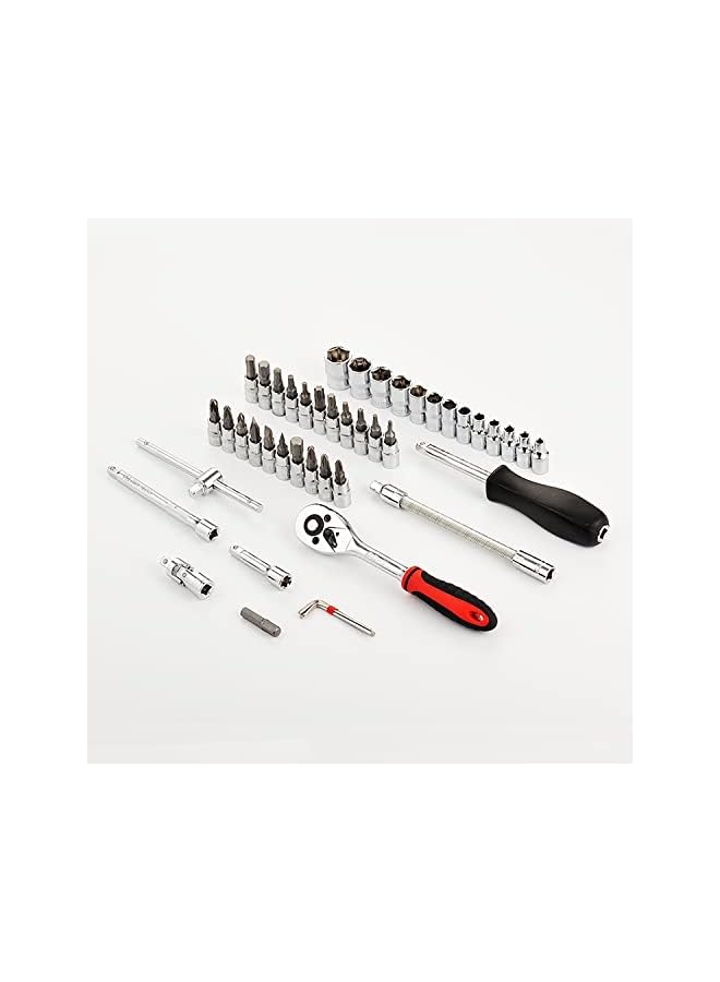 46pcs 1/4-Inch Repair Tool Socket Ratchet Torque Wrench Extension Bar Drill Bits Automobiles Repair Tools Kit Multifunction Repair Hand Tool Kit (Red)