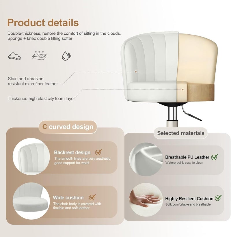 Fohome Small Round Rolling Desk Chair Armless PU Leather Height Adjustable Office Chair Comfy Vanity Chair Vanity Work Computer Stool Chair for Home Office Bedroom - Image 3