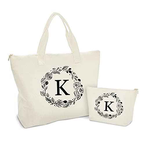 Binggemen Personalized Initial Canvas Tote Bag with Zipper Present Bag with Inner Pocket  Make Up Bag Great Gifts for Women Mom Teachers Friends Bridesmaids