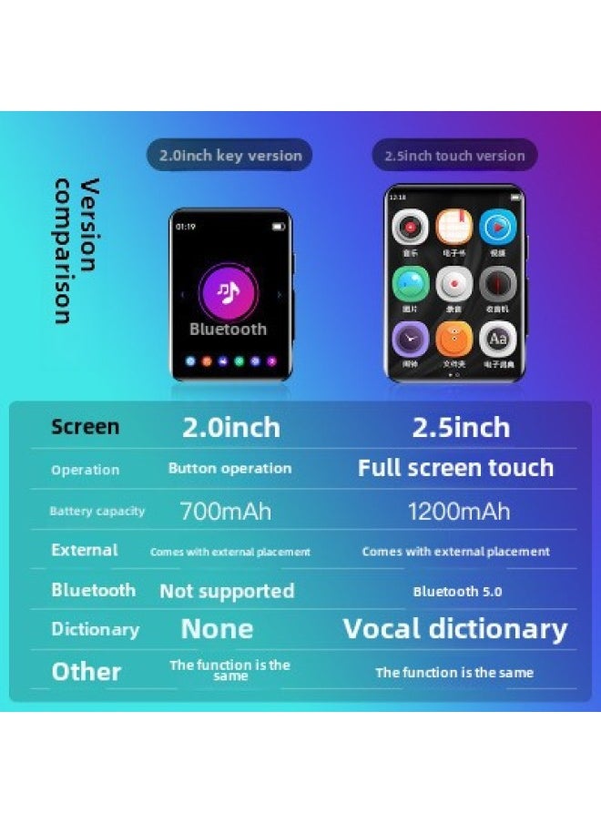 Generic - Nuobihang V3 Full Screen Mp3 Walkman Bluetooth Mp4 Music English-chinese Dictionary Mp5 Portable Recording Pen-Memory Capacity:English Version 2.0inch [button Version + Original Dictionary + Buttons - Image 1
