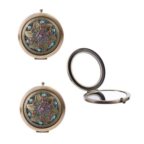 Baskety Women's Pocket Size Antique Metal Double-Sided Magnifying Compact Mirror with Clasp-Assorted Vintage Brass Style Embellished Rhinestone Designs (Pack of 3) (Round Framed Tabletop mounting) - Image 1