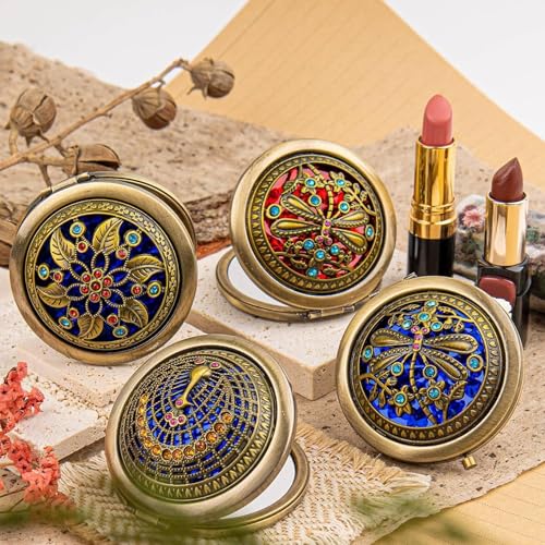 Baskety Women's Pocket Size Antique Metal Double-Sided Magnifying Compact Mirror with Clasp-Assorted Vintage Brass Style Embellished Rhinestone Designs (Pack of 3) (Round Framed Tabletop mounting) - Image 2