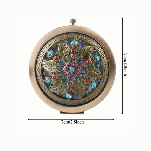 Baskety Women's Pocket Size Antique Metal Double-Sided Magnifying Compact Mirror with Clasp-Assorted Vintage Brass Style Embellished Rhinestone Designs (Pack of 3) (Round Framed Tabletop mounting) - Image 5