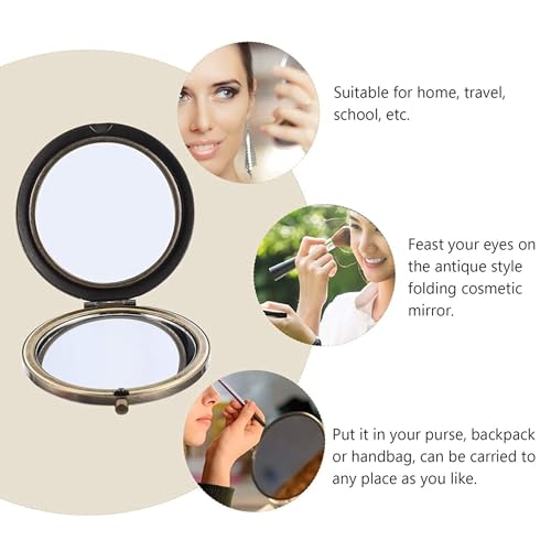 Baskety Women's Pocket Size Antique Metal Double-Sided Magnifying Compact Mirror with Clasp-Assorted Vintage Brass Style Embellished Rhinestone Designs (Pack of 3) (Round Framed Tabletop mounting) - Image 3