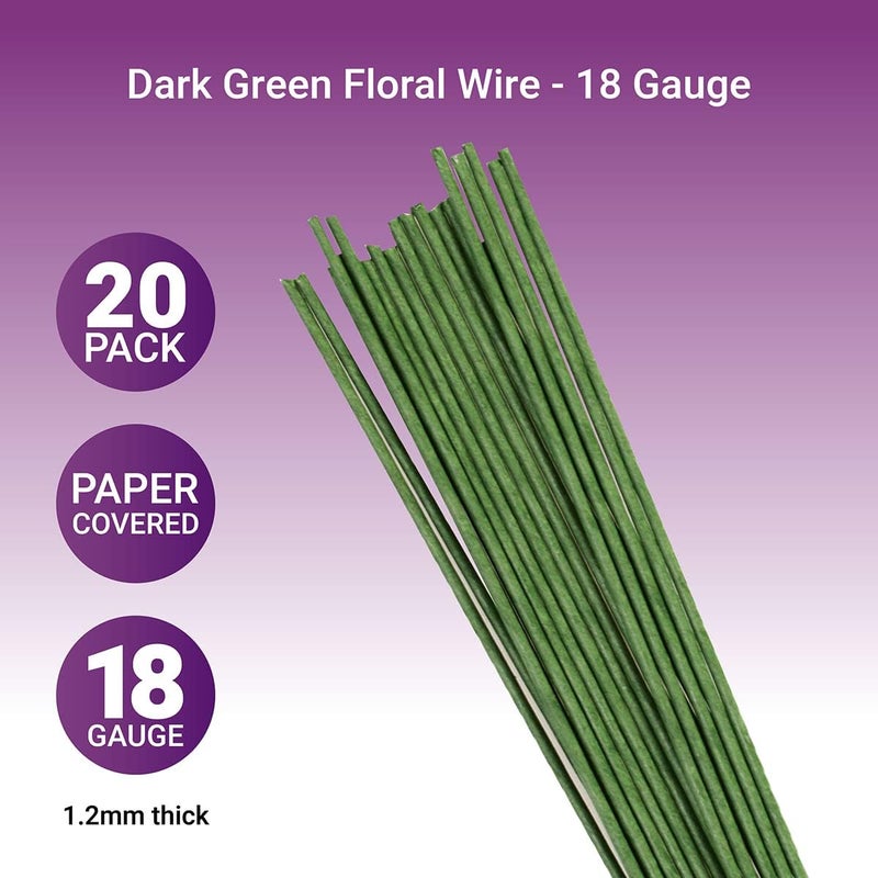 Culpitt 18 Gauge Dark Green Florist Wires, Paper Covered Wire For Cake Decorating, Sugar Flowers, Sprays - 36 cm x 20 Pack - Image 1