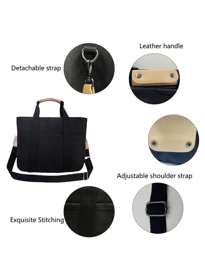 Women Multi-pocket Canvas Tote Bag Large Capacity Shoulder Crossbody Handbag With Compartments ，black  - Image 2