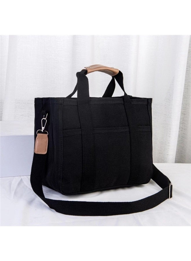 Women Multi-pocket Canvas Tote Bag Large Capacity Shoulder Crossbody Handbag With Compartments ，black  - Image 1