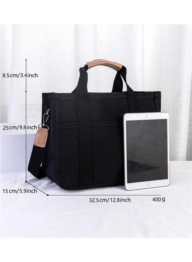 Women Multi-pocket Canvas Tote Bag Large Capacity Shoulder Crossbody Handbag With Compartments ，black  - Image 4