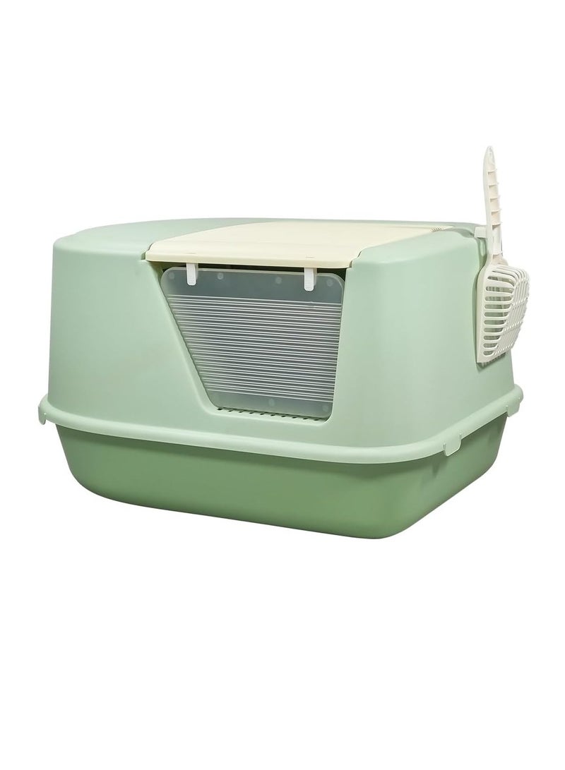 أن ان سي بيتس صندوق قمامة القطط مع باب شفاف، مغرفة قمامة، ودواسة إسقاط الرمل، صندوق قمامة مغلق بالكامل للقطط والقطط الصغيرة، مرحاض قطط بتصميم مقاوم للرذاذ 65 سم (أخضر) - Image 1