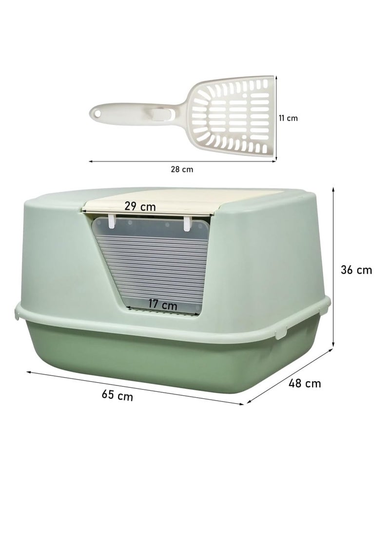 أن ان سي بيتس صندوق قمامة القطط مع باب شفاف، مغرفة قمامة، ودواسة إسقاط الرمل، صندوق قمامة مغلق بالكامل للقطط والقطط الصغيرة، مرحاض قطط بتصميم مقاوم للرذاذ 65 سم (أخضر) - Image 2