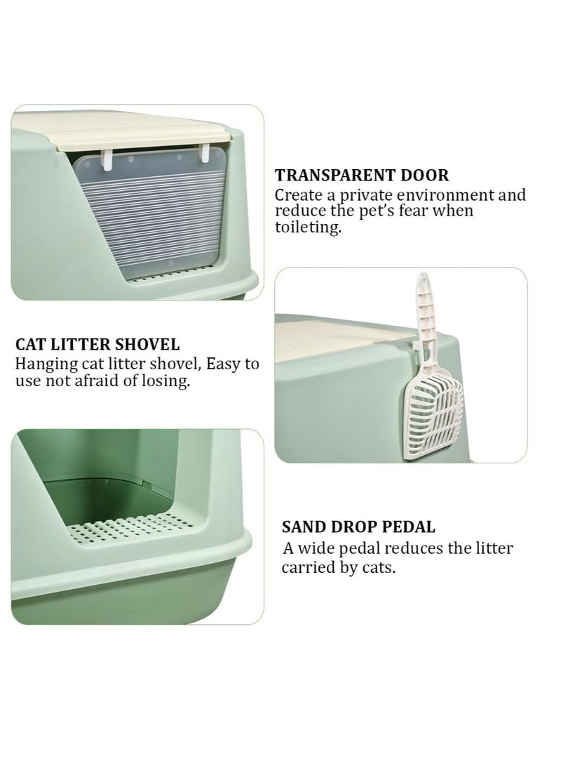 أن ان سي بيتس صندوق قمامة القطط مع باب شفاف، مغرفة قمامة، ودواسة إسقاط الرمل، صندوق قمامة مغلق بالكامل للقطط والقطط الصغيرة، مرحاض قطط بتصميم مقاوم للرذاذ 65 سم (أخضر) - Image 3