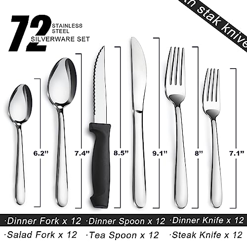 Pleafind 72-Pieces Silverware Set for 12, Flatware Set with Steak Knives, Stainless Steel Cutlery Set, Include Forks Spoons and Knives Set, Dishwasher Safe Utensil Sets for Home Restaurant - Image 2
