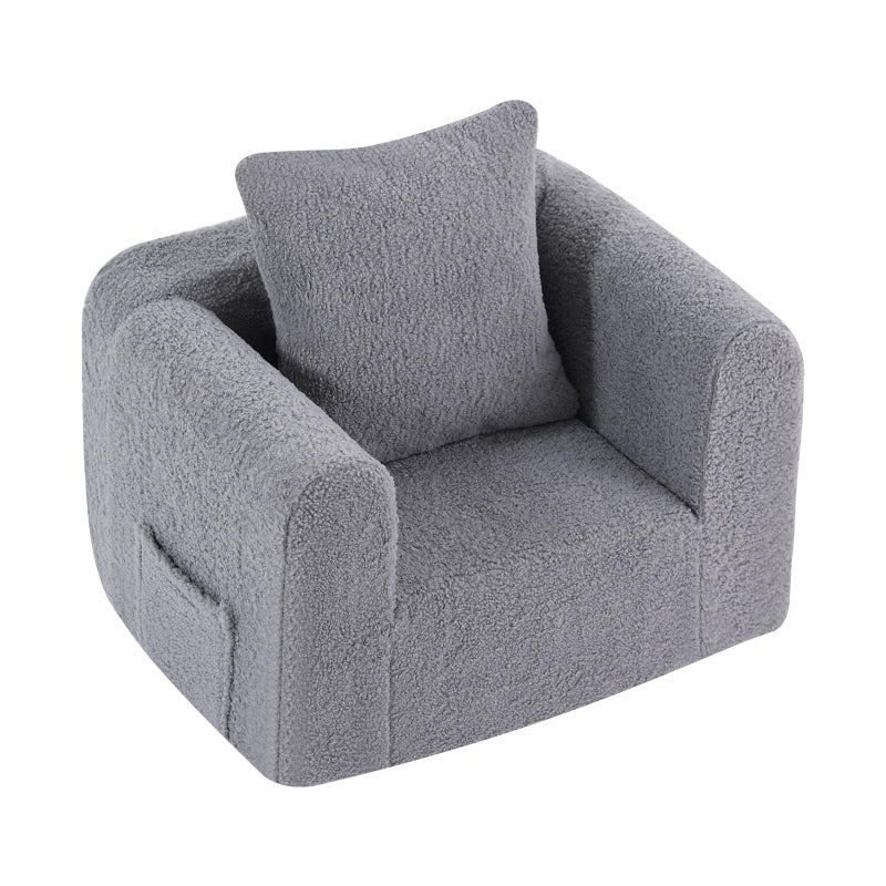 Welnow Kids Sofa with Pillow Cozy Toddler Chair Soft Foam Seat for Reading Childrens Couch with Armrest Lightweight Comfy Kids Furniture for Bedroom Playroom for Boys and Girls Sherpa Grey