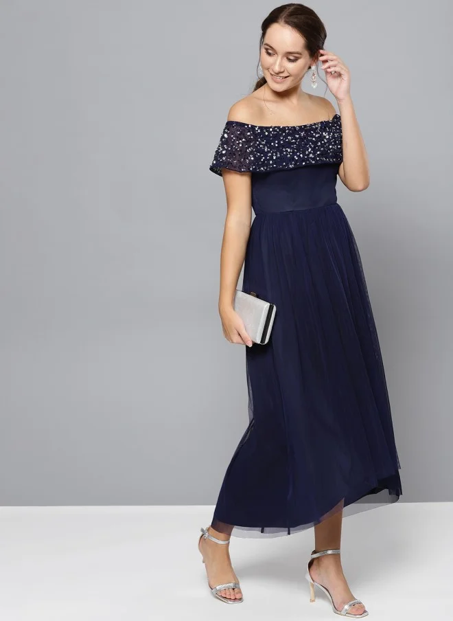 STREET 9 Navy Blue Embellished Off-Shoulder Maxi Dress for Women