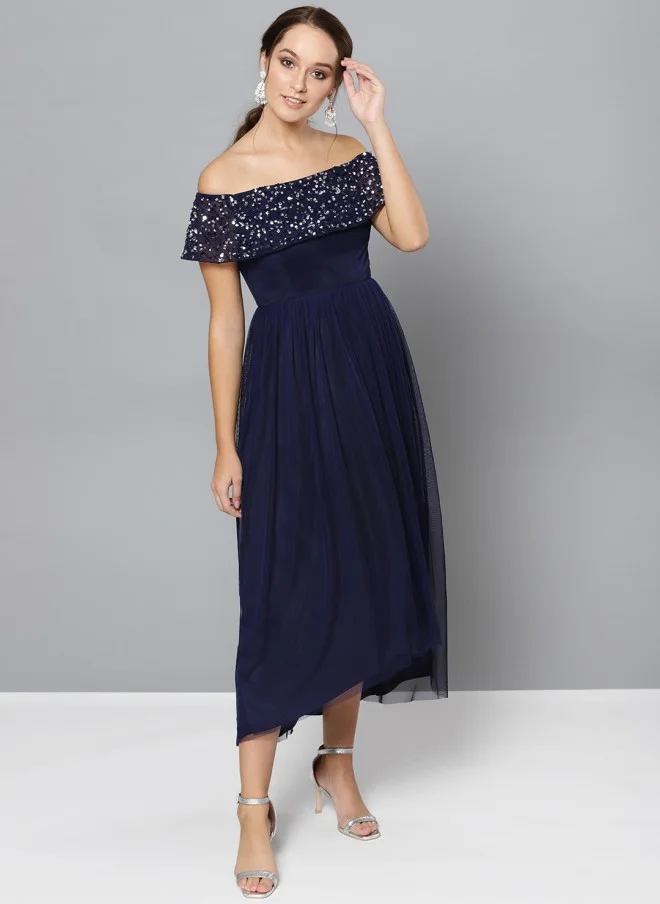 STREET 9 Navy Blue Embellished Off-Shoulder Maxi Dress for Women