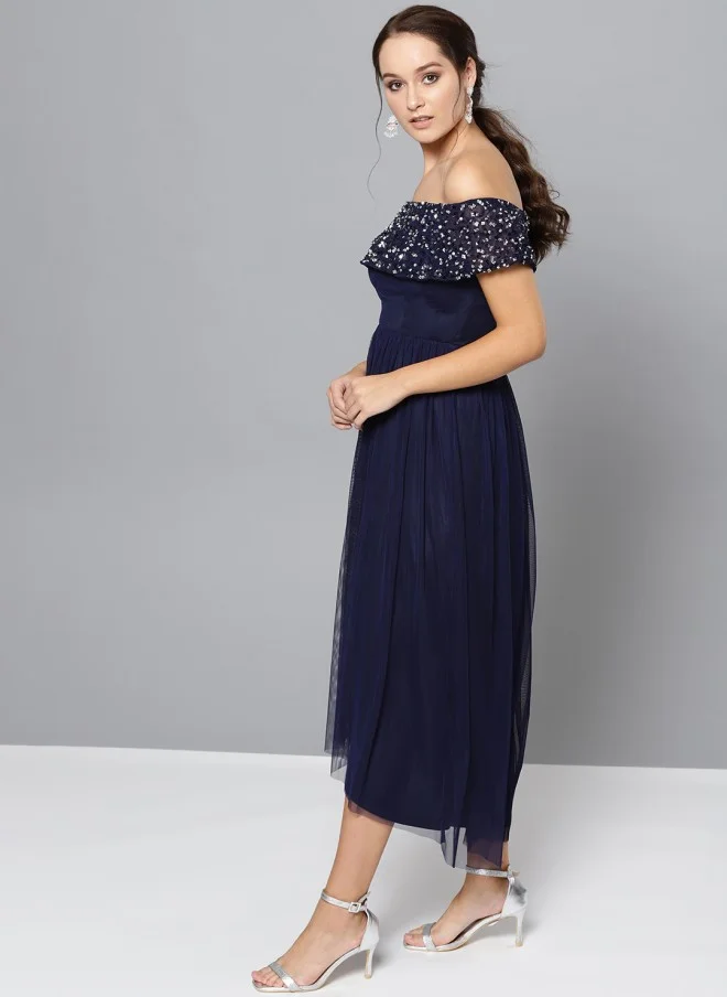 STREET 9 Navy Blue Embellished Off-Shoulder Maxi Dress for Women