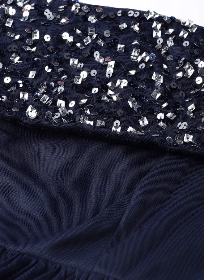 STREET 9 Navy Blue Embellished Off-Shoulder Maxi Dress for Women