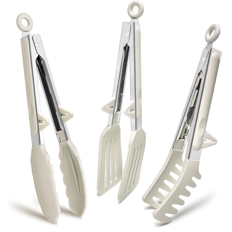 TOWINGO Stainless Steel Kitchen Tongs with Silicone Tips, Pack of 3 23 cm Barbecue Tongs Cooking Tongs for Salad, Cooking, Grilling, White - Image 1