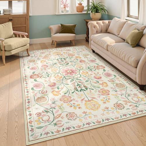 Anidaroel Boho Rugs for Bedroom Washable Area Rugs 5X7 Soft Rug for Living Room Non Slip Distressed Beige Floral Rug Stain Resistant Mat Indoor Carpet for Bedside Apartment Foyer