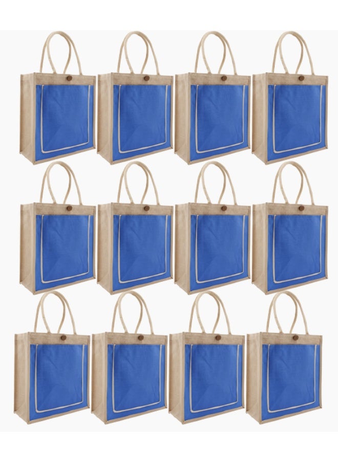 12 PIECES - Jute Bag with Cobalt Blue Canvas Pocket and Button Closure – Eco-Friendly, Reusable, and Stylish 43 x 33 x 15 - Image 1