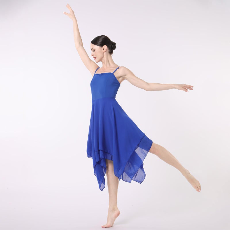 ODASDO Women Lyrical Dance Dress Ballet Modern Contemporary Dance Costume Spaghetti Straps Handerkerchief Hem Chiffon Flowy Skirt Ballroom Cha Cha Clothes Royal Blue L - Image 3
