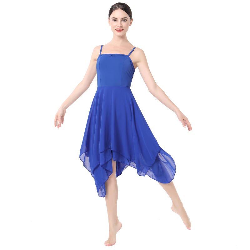 ODASDO Women Lyrical Dance Dress Ballet Modern Contemporary Dance Costume Spaghetti Straps Handerkerchief Hem Chiffon Flowy Skirt Ballroom Cha Cha Clothes Royal Blue L - Image 1