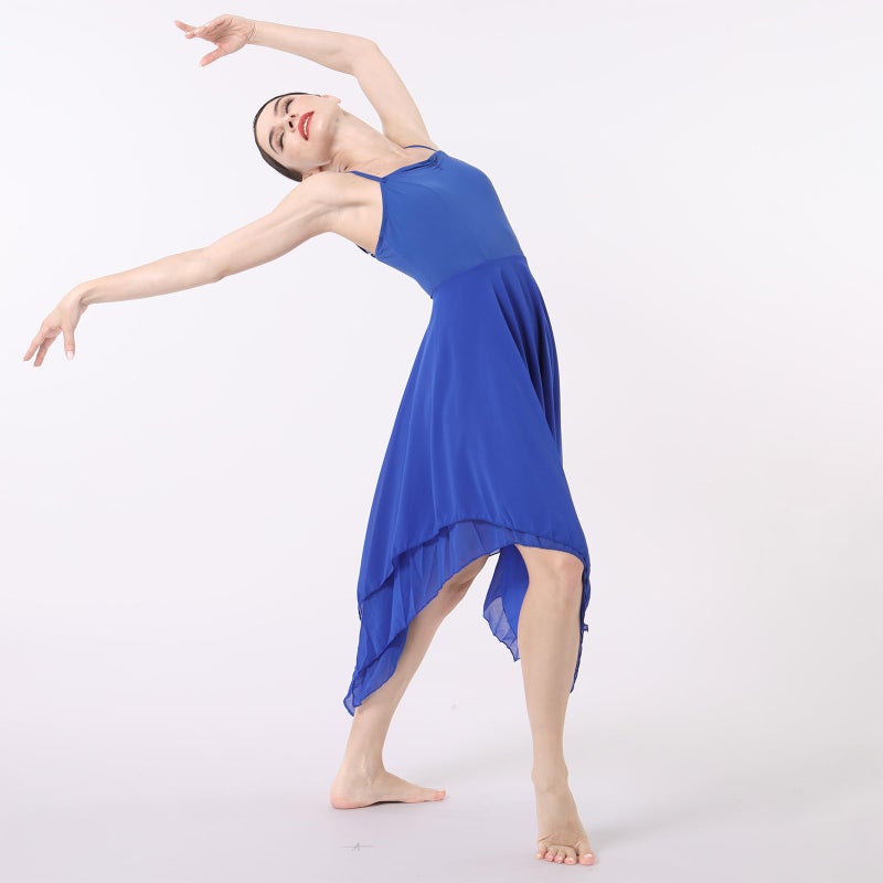 ODASDO Women Lyrical Dance Dress Ballet Modern Contemporary Dance Costume Spaghetti Straps Handerkerchief Hem Chiffon Flowy Skirt Ballroom Cha Cha Clothes Royal Blue L - Image 5