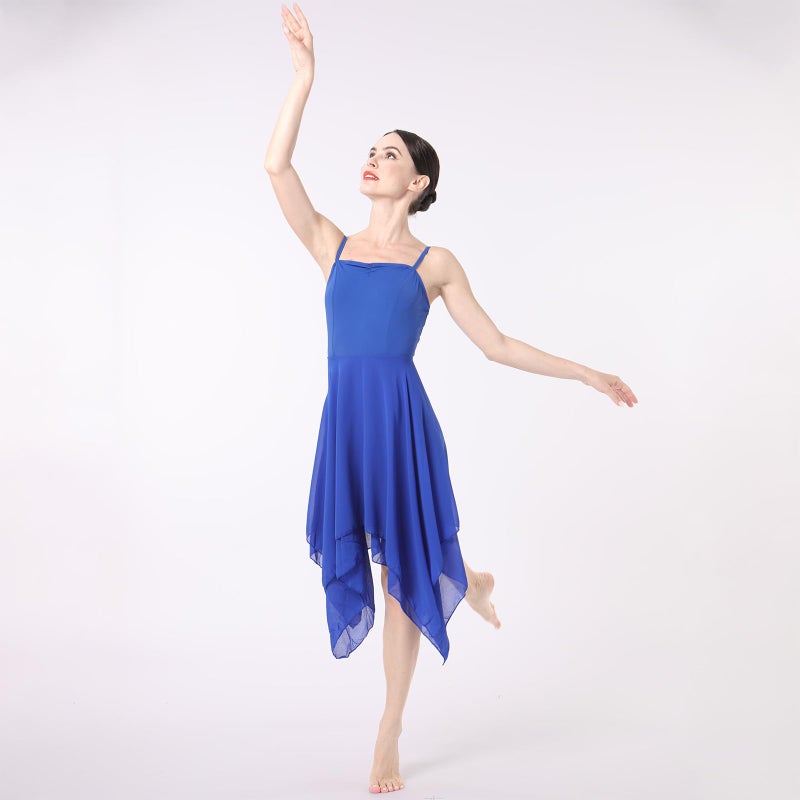 ODASDO Women Lyrical Dance Dress Ballet Modern Contemporary Dance Costume Spaghetti Straps Handerkerchief Hem Chiffon Flowy Skirt Ballroom Cha Cha Clothes Royal Blue L - Image 2