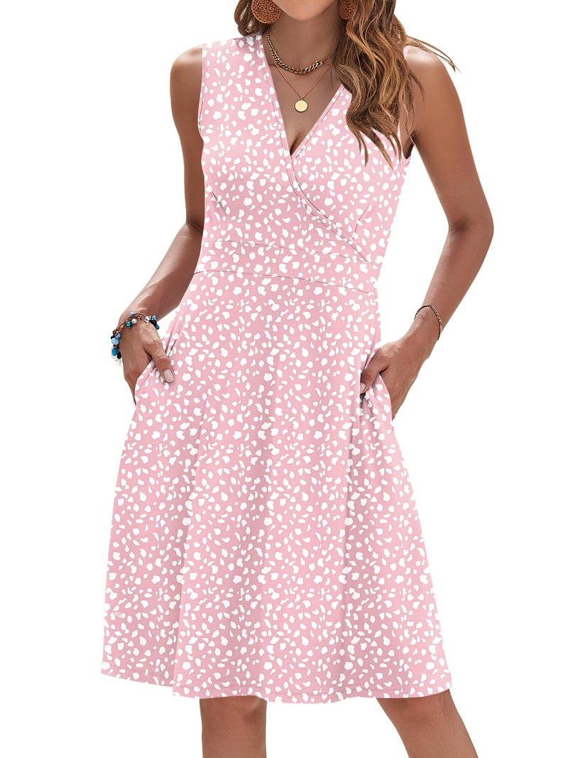 AUSELILY Summer Dress 2026 Sleeveless V Neck Wrap Empire Waist Dress with Pockets, Pink Horseshoe M - Image 1