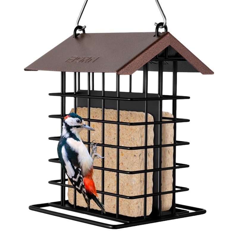 iBorn Suet Feeder for Outside HangingSuet Bird Feeders for OutdoorsSuet Holder With Squirrel Proof Hanger HookSuet Cage Bird FeederWoodpecker FeederWeatherproof Metal RoofAll Metal1 PackCoffee - Image 2