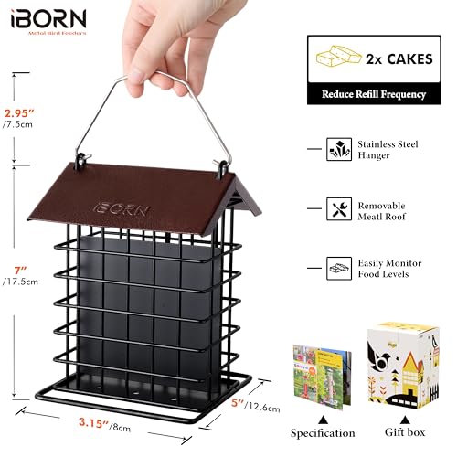 iBorn Suet Feeder for Outside HangingSuet Bird Feeders for OutdoorsSuet Holder With Squirrel Proof Hanger HookSuet Cage Bird FeederWoodpecker FeederWeatherproof Metal RoofAll Metal1 PackCoffee - Image 3