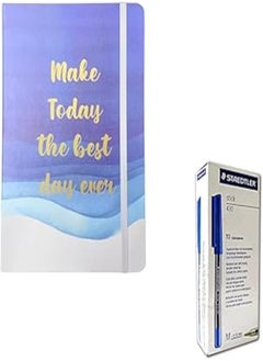 Generic HardCover Waves A5 Notebook with Elastic Band & 10-Pieces Staedtler 430 1.0mm Blue Pens 