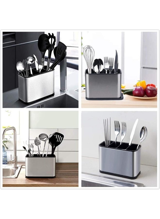 Metal Cutlery Holder Racks Spoon Stand, Kitchen Utensil Crock Storage Organizer 4 Divider Stainless Steel Anti Slip Water Draining for Cooking Tool Knife Spoon Fork, 7x5x3.4 Inch - Image 4