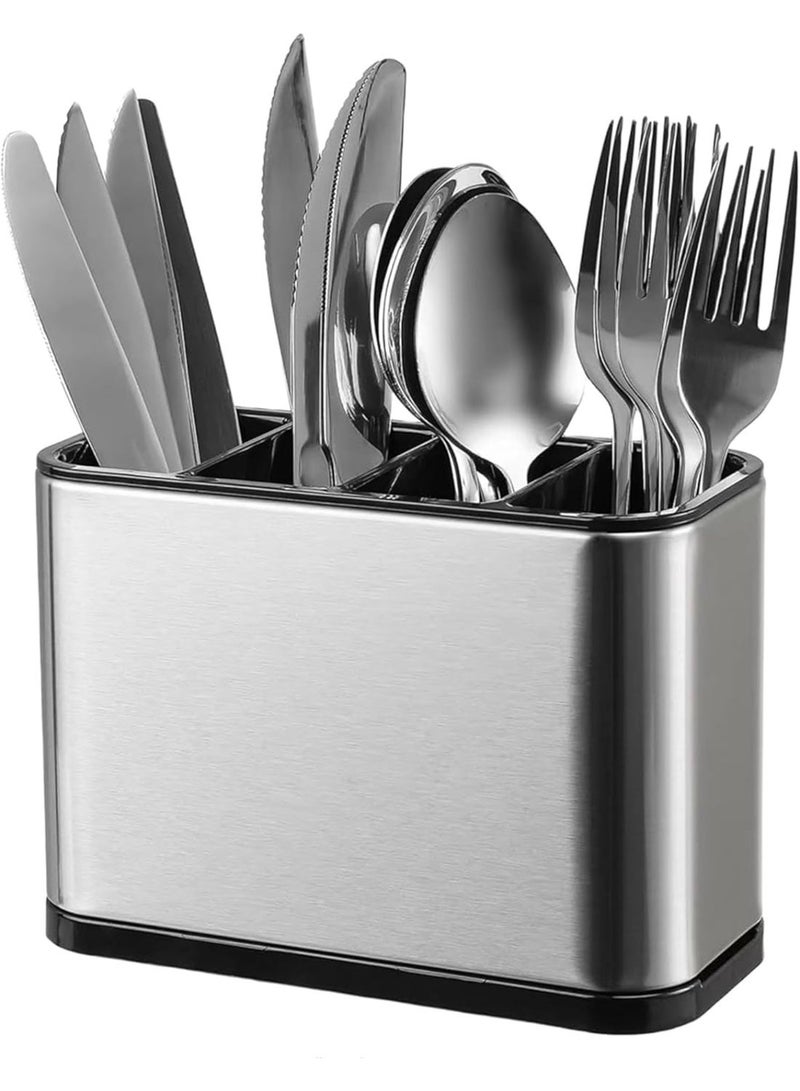 Metal Cutlery Holder Racks Spoon Stand, Kitchen Utensil Crock Storage Organizer 4 Divider Stainless Steel Anti Slip Water Draining for Cooking Tool Knife Spoon Fork, 7x5x3.4 Inch - Image 1