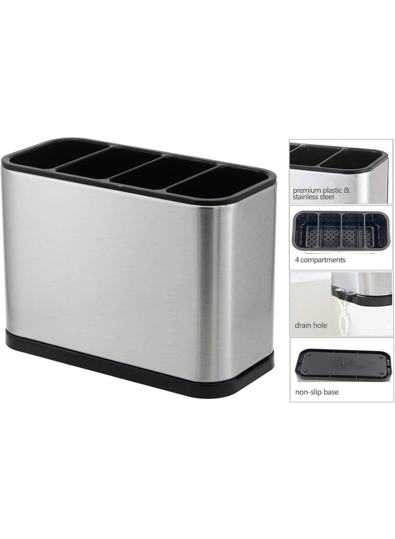 Metal Cutlery Holder Racks Spoon Stand, Kitchen Utensil Crock Storage Organizer 4 Divider Stainless Steel Anti Slip Water Draining for Cooking Tool Knife Spoon Fork, 7x5x3.4 Inch - Image 2