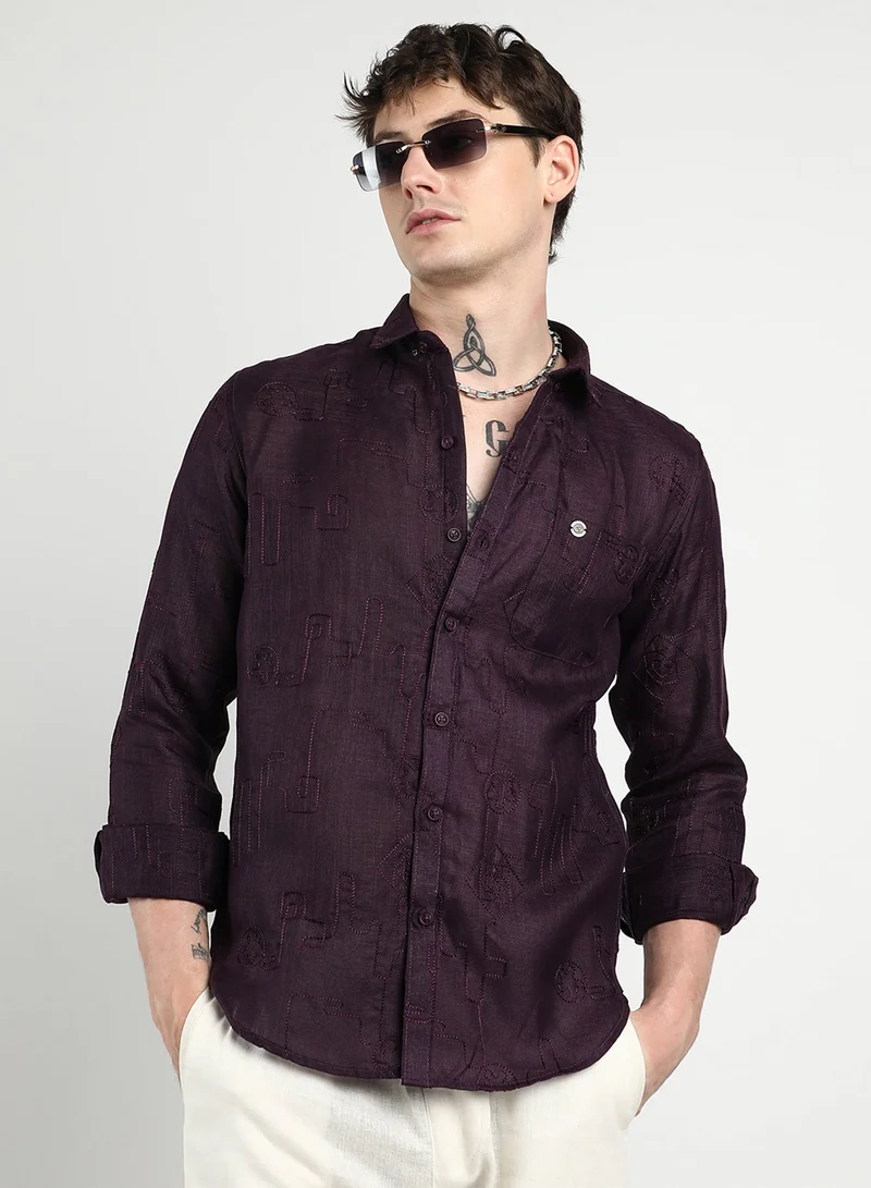 Campus Sutra Men's Plum Purple Embroidered One-Lined Shirt For Casual Wear | Spread Collar | Long Sleeve | Button Closure | Shirt Crafted With Comfort Fit For Everyday Wear
