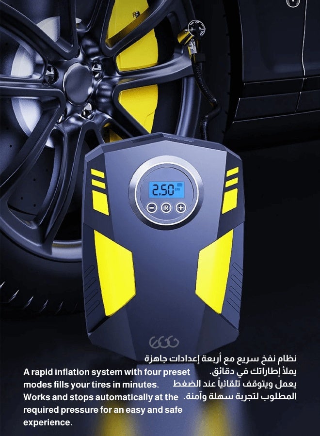 منفاخ إطارات السيارة الرقمي ضاغط هواء مع توقف تلقائي وإضاءة LED 12 فولت مضخة هواء محمولة سريعة للسيارة والدراجة النارية ومرتبة هوائية كروية