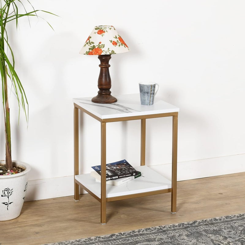 Priti Mordern Side Table Farm House Style Table Charter Golden with White Marble Top - Image 1