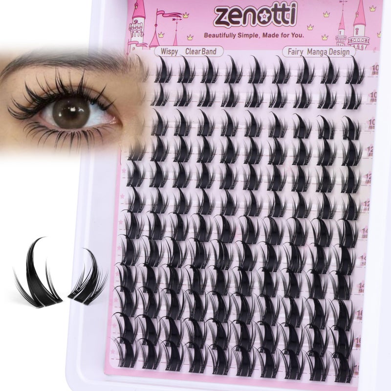 zenotti Manga Lash Clusters with Spikes Anime Lashes Cluster Natural Cluster Eyelash Extensions Wispy Spiky Fairy Individual Lashes Invisible Clear Band DIY Lash Extensions 10-16MM 120PCS by zenotti - Image 1